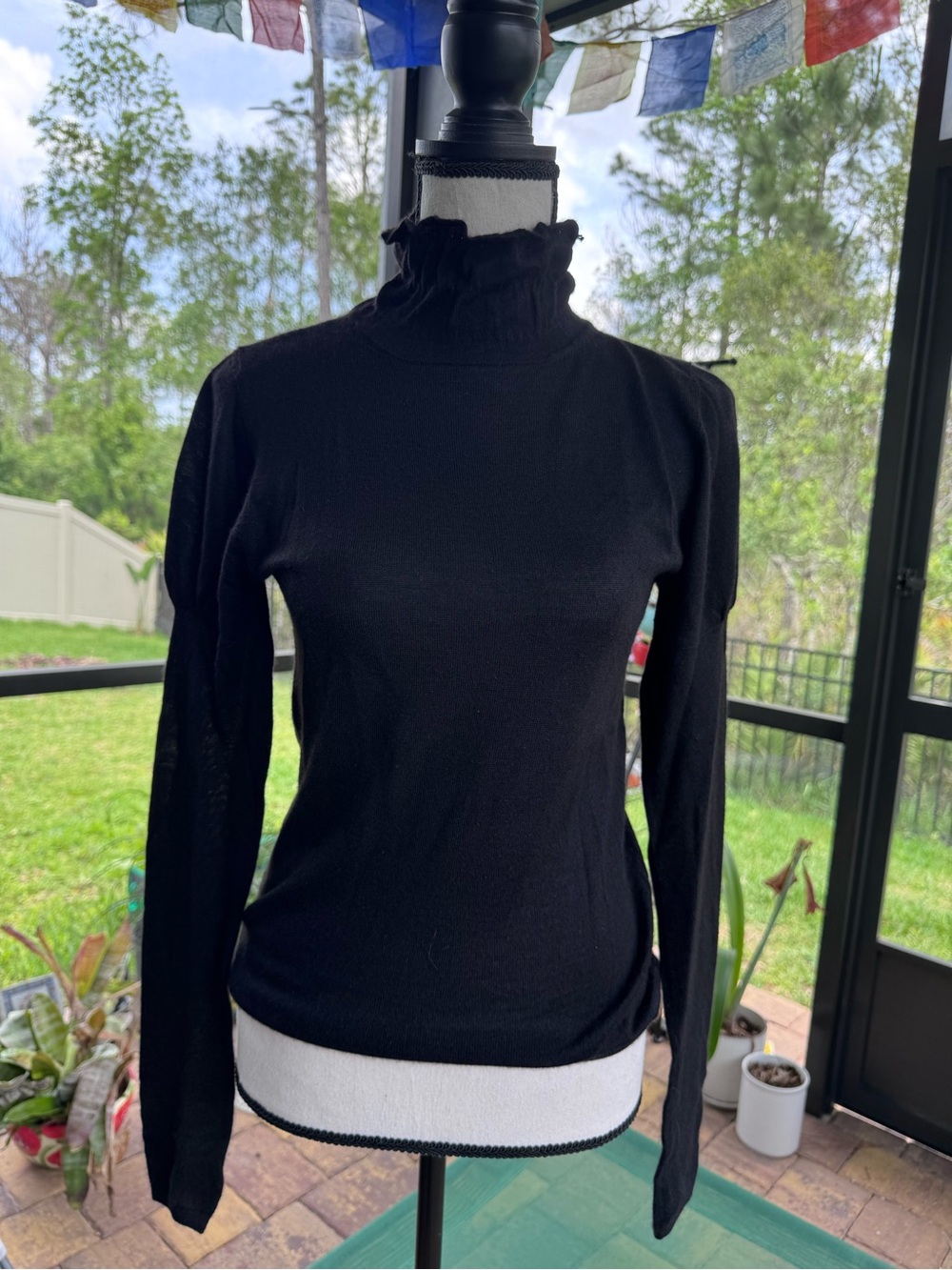 Black Cashmere Ruffled Mock Neck Long Sleeve Top
